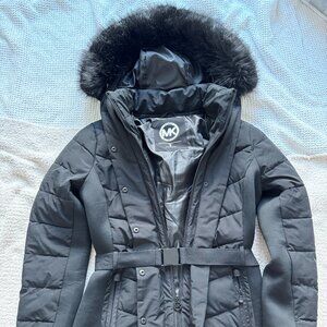 Michael Kors Women's Faux Fur Trim Belted Puffer Jacket Black Size S
